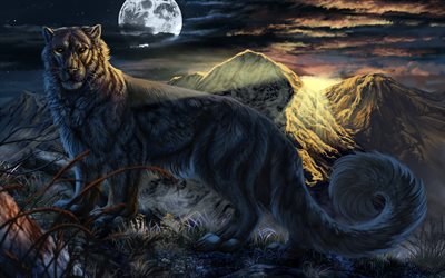 4k, lobo, noite, lua, fantasia arte, montanhas, predador