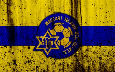 4k, FC Maccabi Tel Aviv, grunge, Ligat haAl, logo, football club, Israel, Maccabi Tel Aviv, art, soccer, stone texture, Maccabi Tel Aviv FC