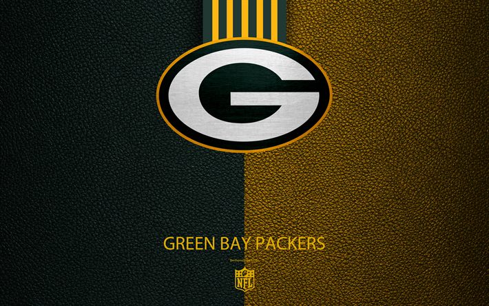 Green Bay Packers, 4k, Amerikkalainen jalkapallo, logo, tunnus, Green Bay, Wisconsin, USA, NFL, nahka rakenne, National Football League, Pohjoinen Divisioona