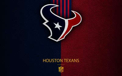 Houston Texans, 4k, American football, logo, emblem, Houston, Texas, USA, NFL, blue red leather texture, National Football League, Northern Division