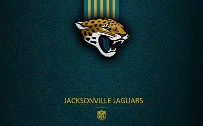 Jacksonville Jaguars, 4k, American football, logo, emblem, Jacksonville, Florida, USA, NFL, blue leather texture, National Football League, Southern Division