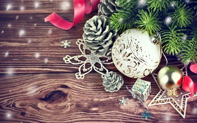 クリスマス, 新年, 白色のクリスマスボール, 雪, 装飾