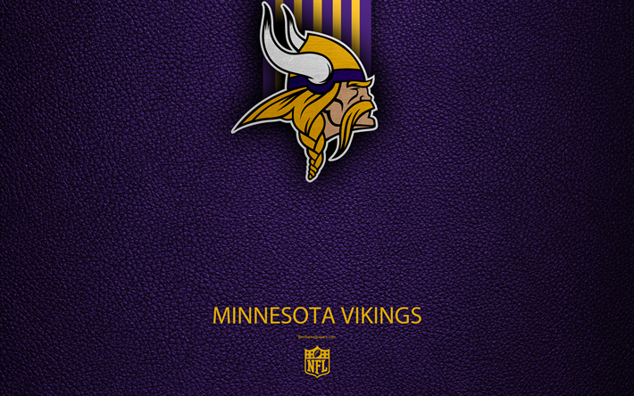 Vikingos de Minnesota, 4k, f&#250;tbol americano, logotipo, textura de cuero, Minneapolis, Minnesota, estados UNIDOS, con el emblema de la NFL, la Liga Nacional de F&#250;tbol, en el Norte de la Divisi&#243;n de