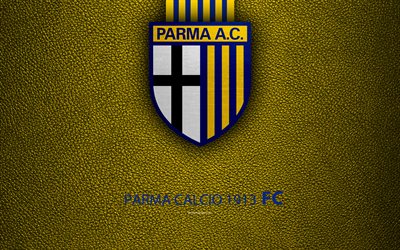 Parma Calcio 1913, FC, 4k, Italian football club, logo, Parma, Italy, Serie B, leather texture, football, Italian Football Championships