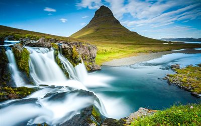 Island, 4k, vattenfall, river, berg, Reykjavik