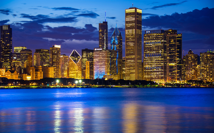 شيكاغو, بحيرة ميشيغان, ناطحات السحاب, المباني الحديثة, ليلة, أضواء المدينة, سيتي سكيب, إلينوي, الولايات المتحدة الأمريكية