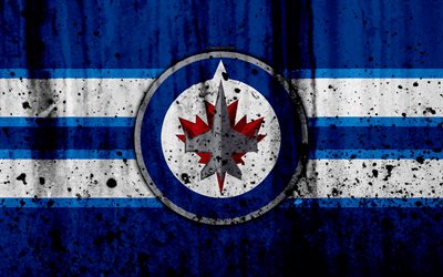 4k, Winnipeg Jets, grunge, NHL, hockey, art, Western Conference, USA, logo, stone texture, Central Division