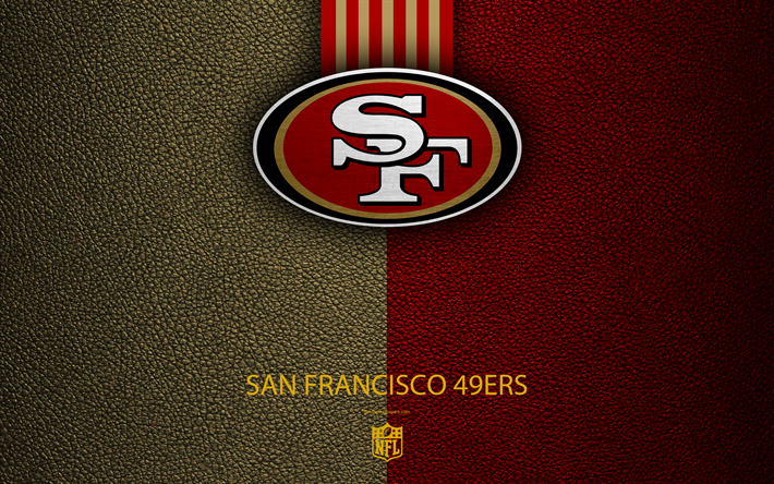 49ers de San Francisco, 4k, le football am&#233;ricain, le logo en cuir &#224; la texture, &#224; San Francisco, Californie, etats-unis, de l&#39;embl&#232;me, la NFL, la Ligue Nationale de Football, Division de l&#39;Ouest