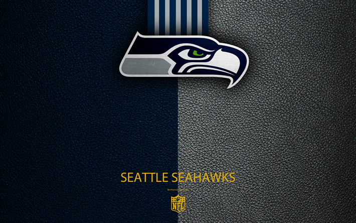 Seattle Seahawks, 4k, futebol americano, logo, textura de couro, Seattle, Washington, EUA, emblema, NFL, A Liga Nacional De Futebol, Divis&#227;o Ocidental