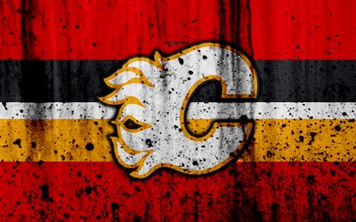 4k, Calgary Flames, grunge, NHL, hockey, art, Western Conference, USA, logo, stone texture, Pacific Division