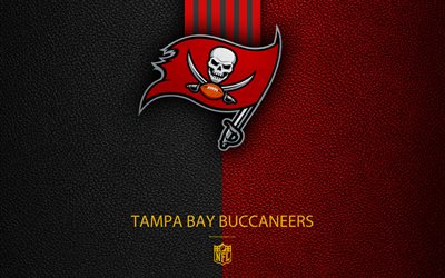 Tampa Bay Buccaneers, 4k, american football, logo, leather texture, Tampa, Florida, USA, emblem, NFL, National Football League, Southern Division