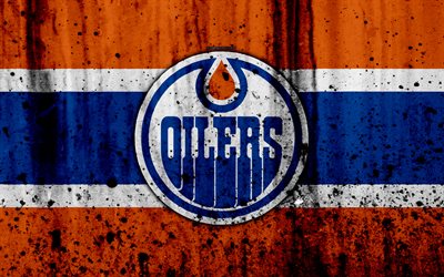 4k, Edmonton Oilers, grunge, NHL, hockey, art, Western Conference, USA, logo, stone texture, Pacific Division
