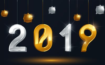 4k, Happy New Year 2019, creative, pendant digits, 2019 concepts, 3d digits, 2019 year, black background