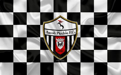 Ascoli Picchio FC, 4k, logo, creative art, white black checkered flag, Italian football club, Serie B, emblem, silk texture, Ascoli Piceno, Italy