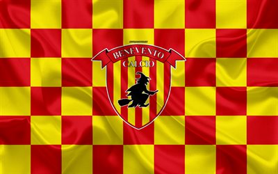 Benevento Calcio, 4k, logo, creative art, red yellow checkered flag, Italian football club, Serie B, emblem, silk texture, Benevento, Italy, football, Benevento FC