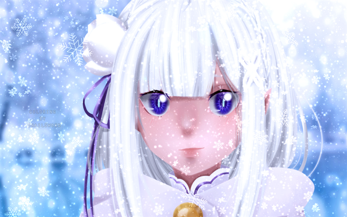 Emilia, snowflakes, blue eyes, manga, Re Zero, winter