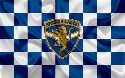 Brescia FC, BSFC, 4k, logo, creative art, blue white checkered flag, Italian football club, Serie B, emblem, silk texture, Brescia, Italy, football, Brescia Calcio