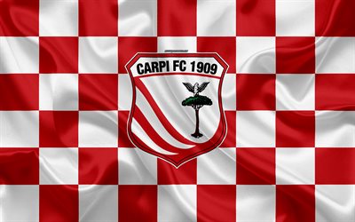 Carpi FC, 4k, logo, creative art, red and white checkered flag, Italian football club, Serie B, emblem, silk texture, Carpi, Italy, football