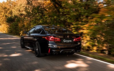 BMW M5, 2019, new black M5, rear view, sports sedan, tuning M5, German sports cars, tuning F90, G5M Bi-Turbo, BMW