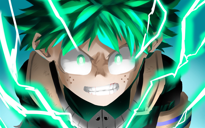 Midoriya Izuku, green eyes, manga, My Hero Academia, Izuku Midoriya, green lightings, Boku no Hero Academia