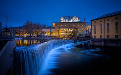 Norrkoping, evening, city lights, dam, Sweden