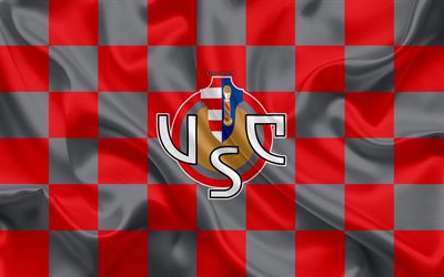 US Cremonese, 4k, logo, creative art, gray-red checkered flag, Italian football club, Serie B, emblem, silk texture, Cremona, Italy, football