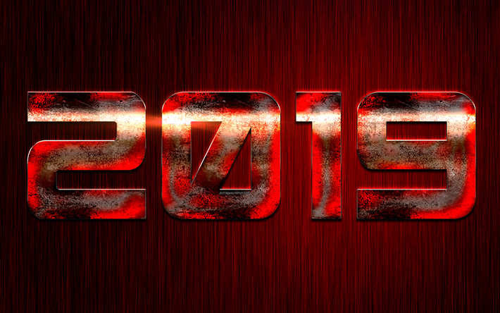 2019 Year, red metal letters, art, red background, creative art, Happy New Year, 2019 concepts, red numbers