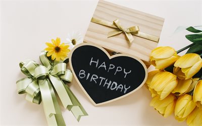Happy Birthday, greeting card, yellow tulips, heart, gift box, golden silk bow