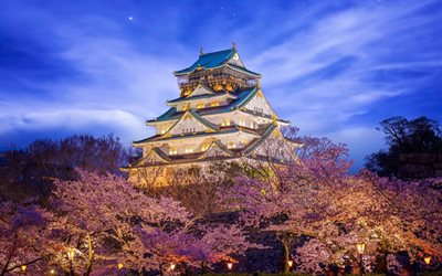 Himeji Castle, Osaka, Japan, Japanese castle, garden, pink trees, evening, landmark, castles