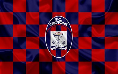 FC Crotone, 4k, logo, creative art, blue red checkered flag, Italian football club, Serie B, emblem, silk texture, Crotone, Italy, football