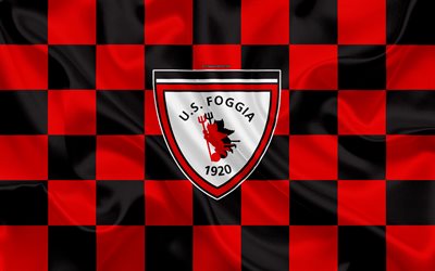 Foggia Calcio, 4k, logo, creative art, black and red checkered flag, Italian football club, Serie B, emblem, silk texture, Foggia, Italy, football, Foggia FC