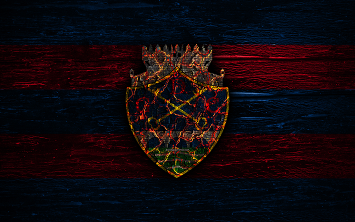 Chaves FC, fire logo, Primeira Liga, blue and red lines, Portuguese football club, grunge, football, soccer, logo, GD Chaves, wooden texture, Portugal