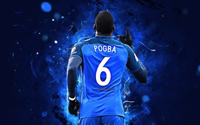 Paul Pogba, baksida, FFF, abstrakt konst, Frankrikes Landslag, Pogba, fotboll, fotbollsspelare, neon lights, Fransk fotboll
