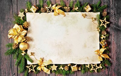 Merry Christmas, golden decorations, piece of paper, Happy New year, wooden background, xmas decoration, fir branches, Christmas
