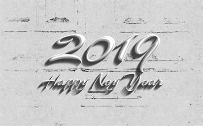 Happy New Year 2019, white background, typography art, creative, 2019 year, retro typography, xmas decoration, 2019 concepts