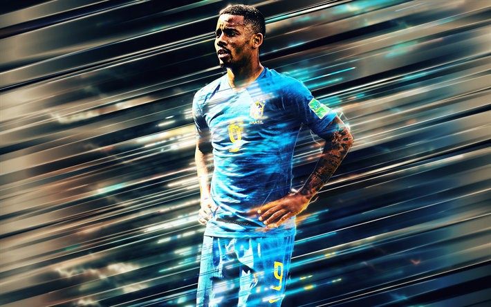 Gabriel Jesus, Brasileiro jogador de futebol, atacante, 4K, arte de linha, Nacional do brasil de futebol da equipe, retrato, uniforme azul, Brasil