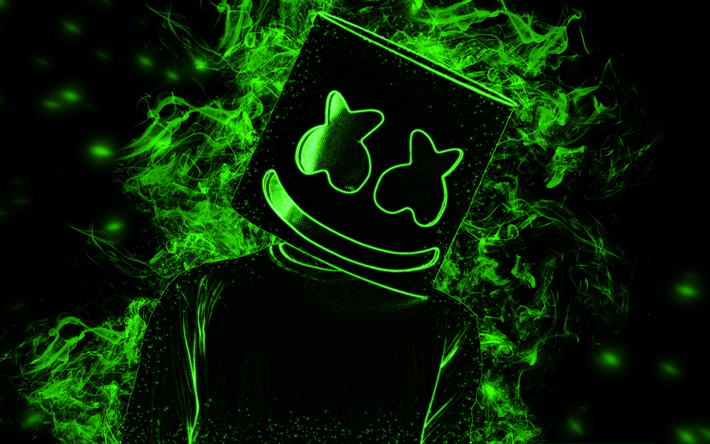 Marshmello, arte criativa, fuma&#231;a verde, American DJ, o produtor musical, neon arte, fumo, Marshmello DJ