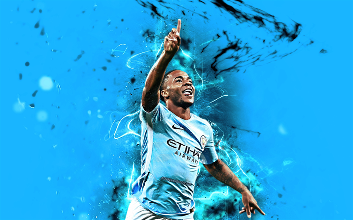 Raheem Sterling, forward, english footballers, Manchester City FC, soccer, Sterling, abstract art, Premier League, Man City, football, neon lights