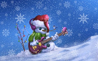 snowman with guitar, snowflakes, 3D art, snowman musician, winter, snowmen