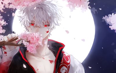 Sakata Gintoki, sakura, night, moon, manga, protagonist, red eyes, Gintama, samurai
