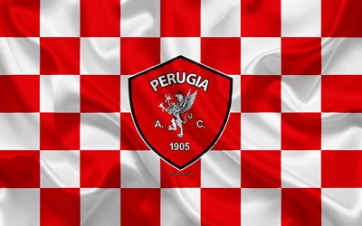 AC Perugia Calcio, 4k, logo, creative art, red and white checkered flag, Italian football club, Serie B, emblem, silk texture, Perugia, Italy, football, Perugia FC