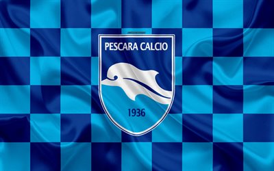Delfino Pescara 1936, Pescara Calcio, 4k, logo, creative art, blue checkered flag, Italian football club, Serie B, emblem, silk texture, Pescara, Italy, football