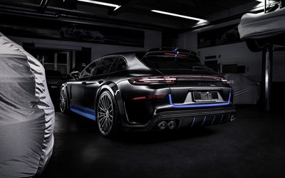Porsche Panamera, 2018, TechArt, Sport Turismo, rear view, sports coupe, black tuning Panamera, German sports cars, Porsche
