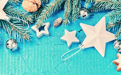 Xmas decoration, fir branches, Christmas, star, blue background, Merry Christmas, golden decorations, silver balls, Happy New year