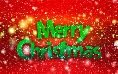 Merry Christmas, red background, green letters, congratulation, postcard, snow, winter, Christmas background