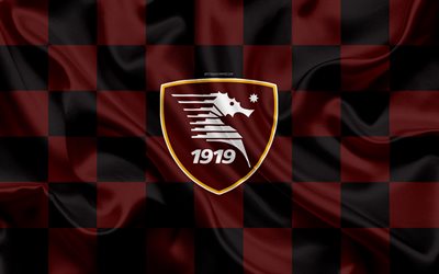US Salernitana 1919, 4k, logo, creative art, brown black checkered flag, Italian football club, Serie B, emblem, silk texture, Salerno, Italy, football, Salernitana FC