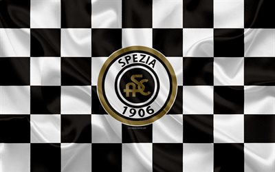 Spezia Calcio, 4k, logo, creative art, white black checkered flag, Italian football club, Serie B, emblem, silk texture, La Spezia, Liguria, Italy, football, Spezia FC