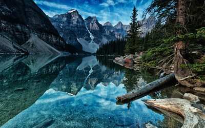 Moraine Lake, HDR, Banff, blue lake, morning, North America, mountains, forest, Banff National Park, Canada, Alberta