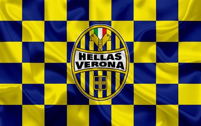 Hellas Verona FC, 4k, logo, creative art, blue yellow checkered flag, Italian football club, Serie B, emblem, silk texture, Verona, Italy, football