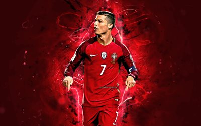 CR7, striker, Cristiano Ronaldo, soccer, Portugal National Team, goal, neon lights, football stars, Portuguese football team, Ronaldo